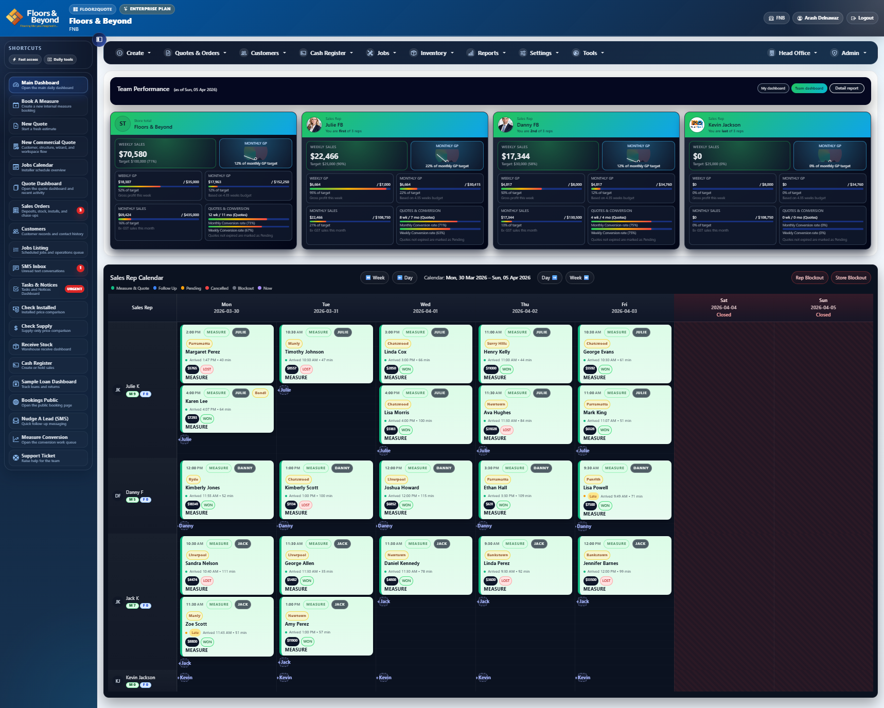Floor2Quote team dashboard and sales rep calendar