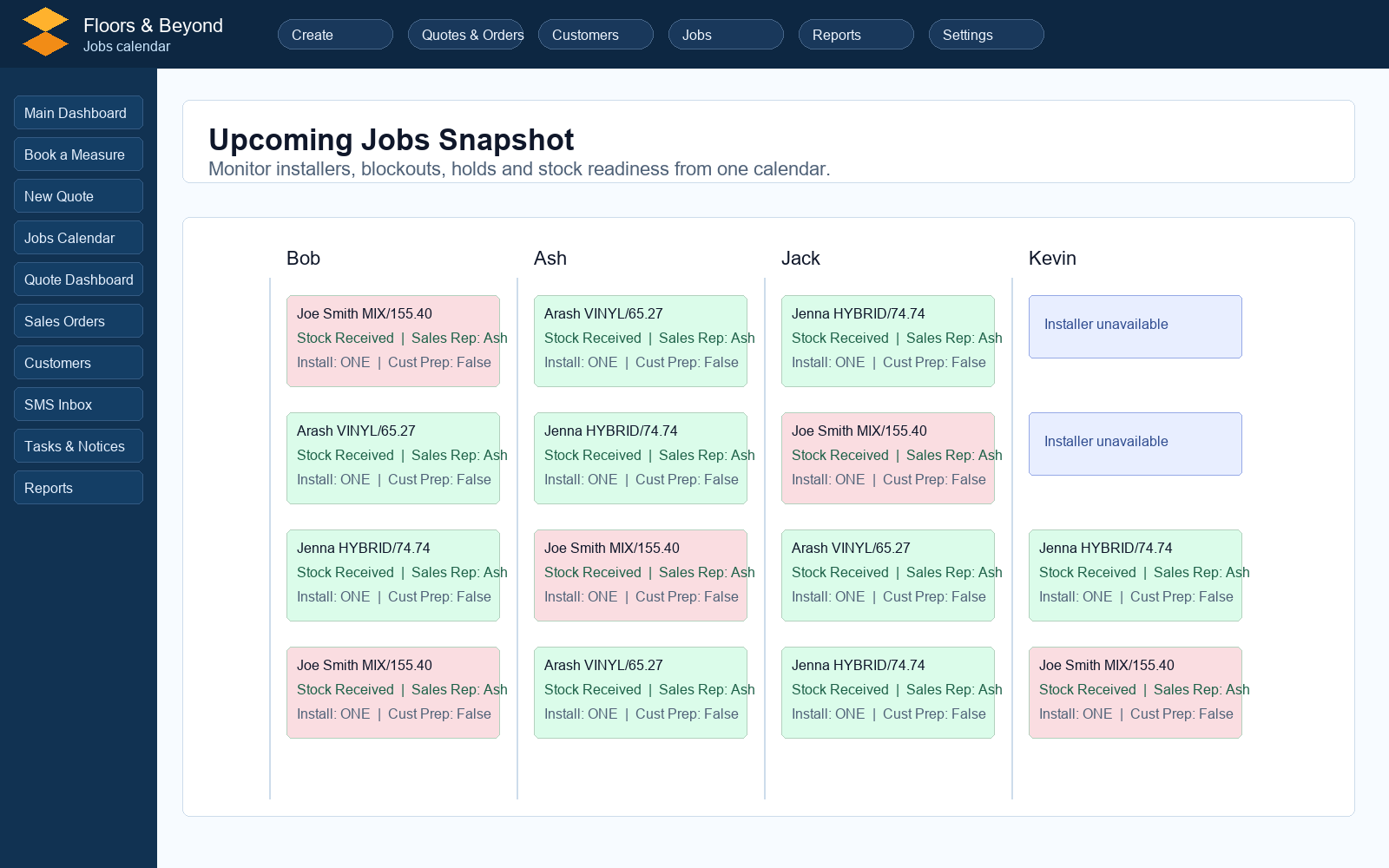 Floor2Quote jobs calendar with installer schedules and blockouts