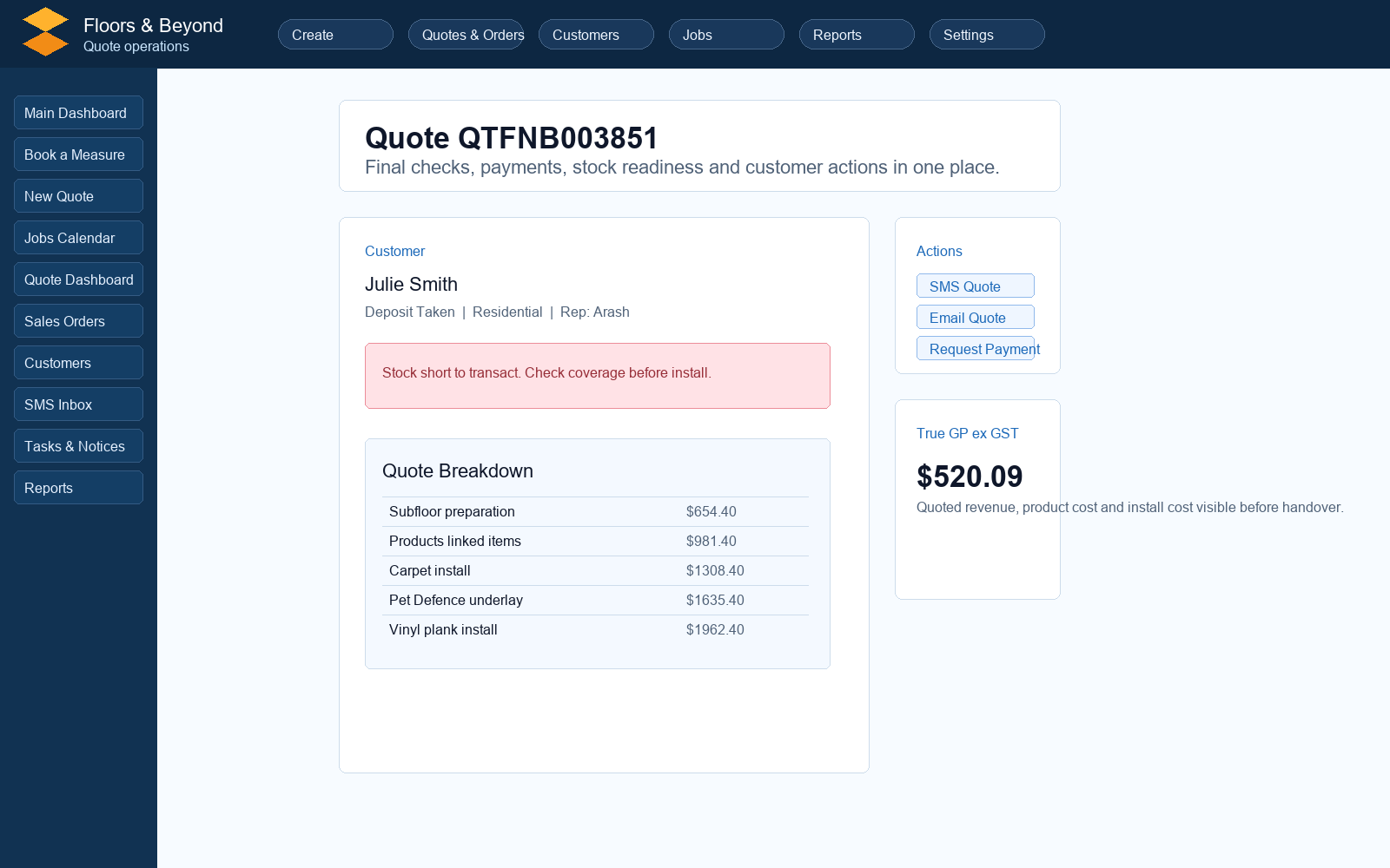 Floor2Quote quote detail page with checks, payments and stock orders